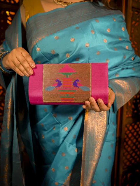 Pink Handmade Paithani Handbag Purse for Women