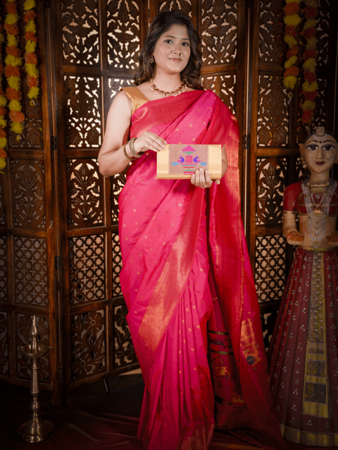 Golden Handmade Paithani Handbag Purse for Women
