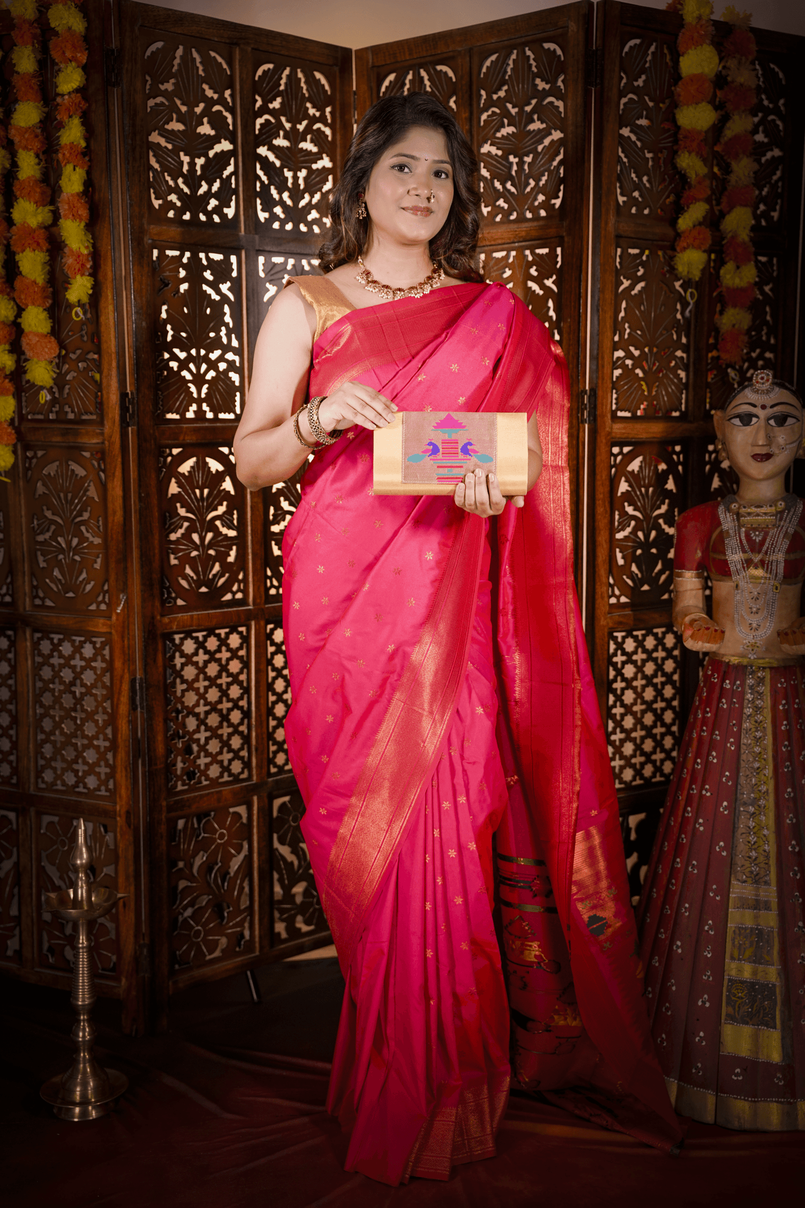 Golden Handmade Paithani Handbag Purse for Women