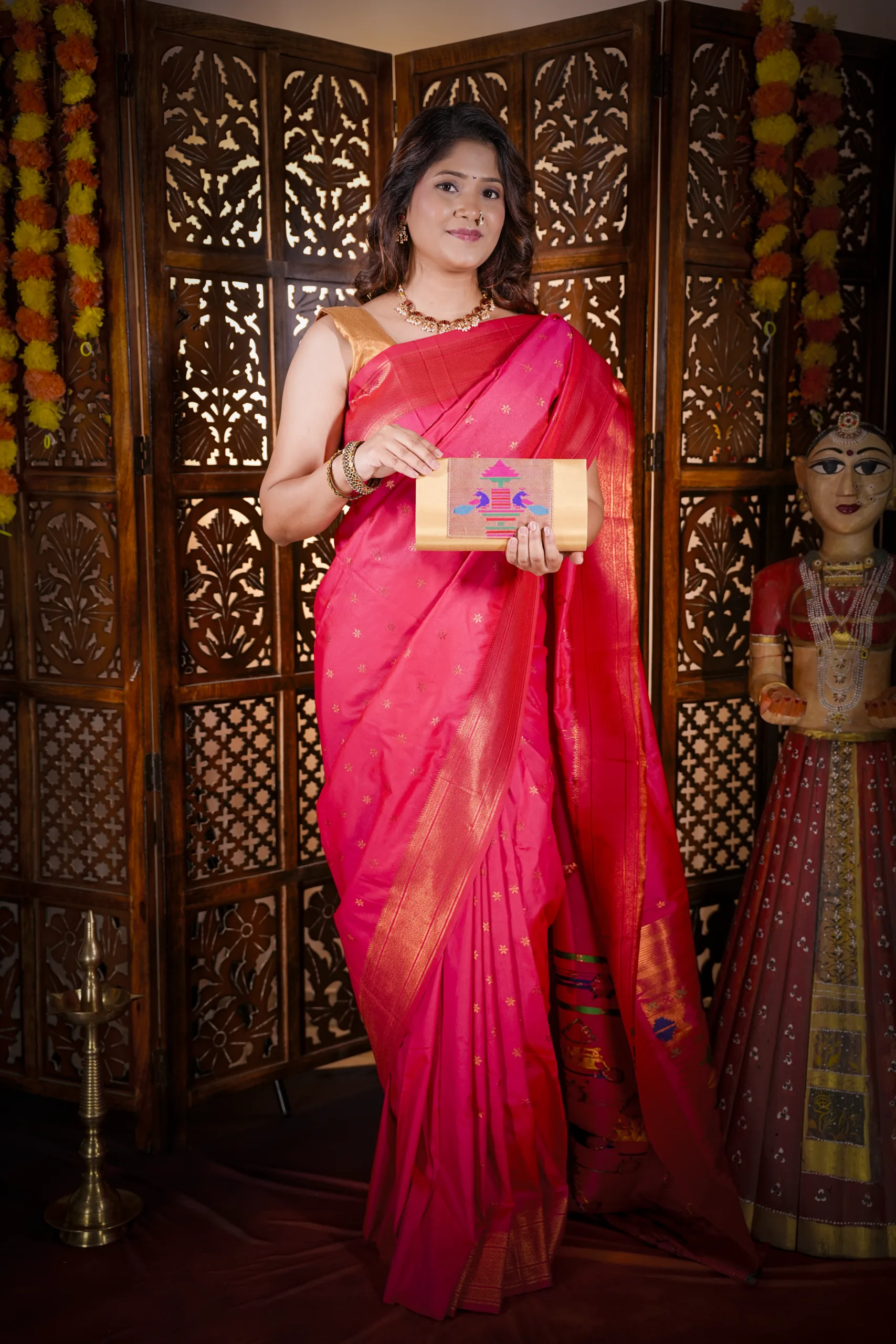 Golden Handmade Paithani Handbag Purse for Women