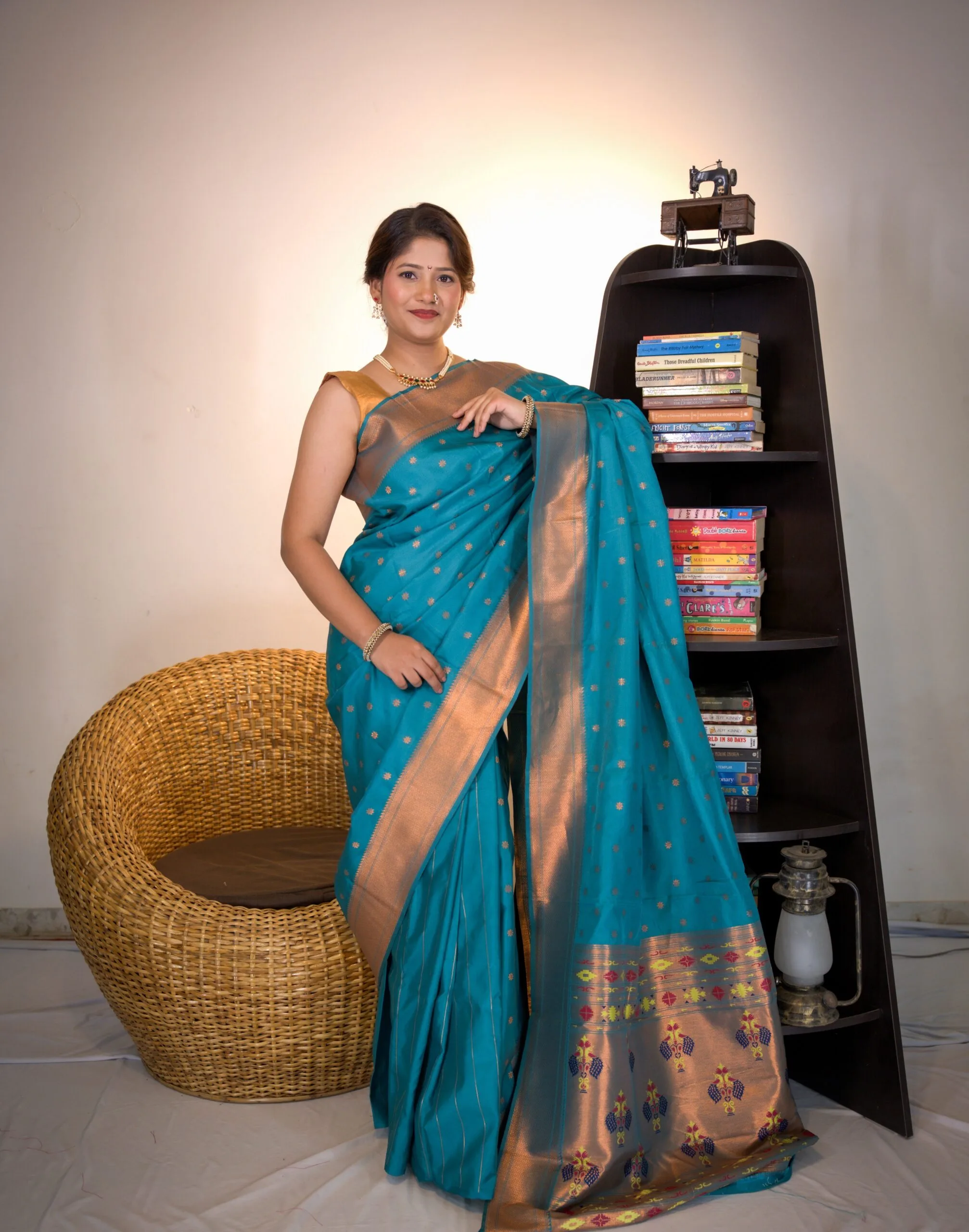 Turquoise Blue Semi Paithani Saree