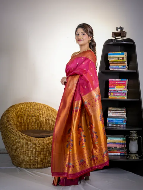 Magenta Yeola Style Semi Paithani with Work Blouse