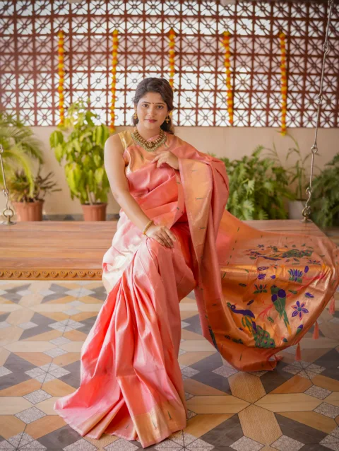 Peach Kishori Semi Paithani Saree