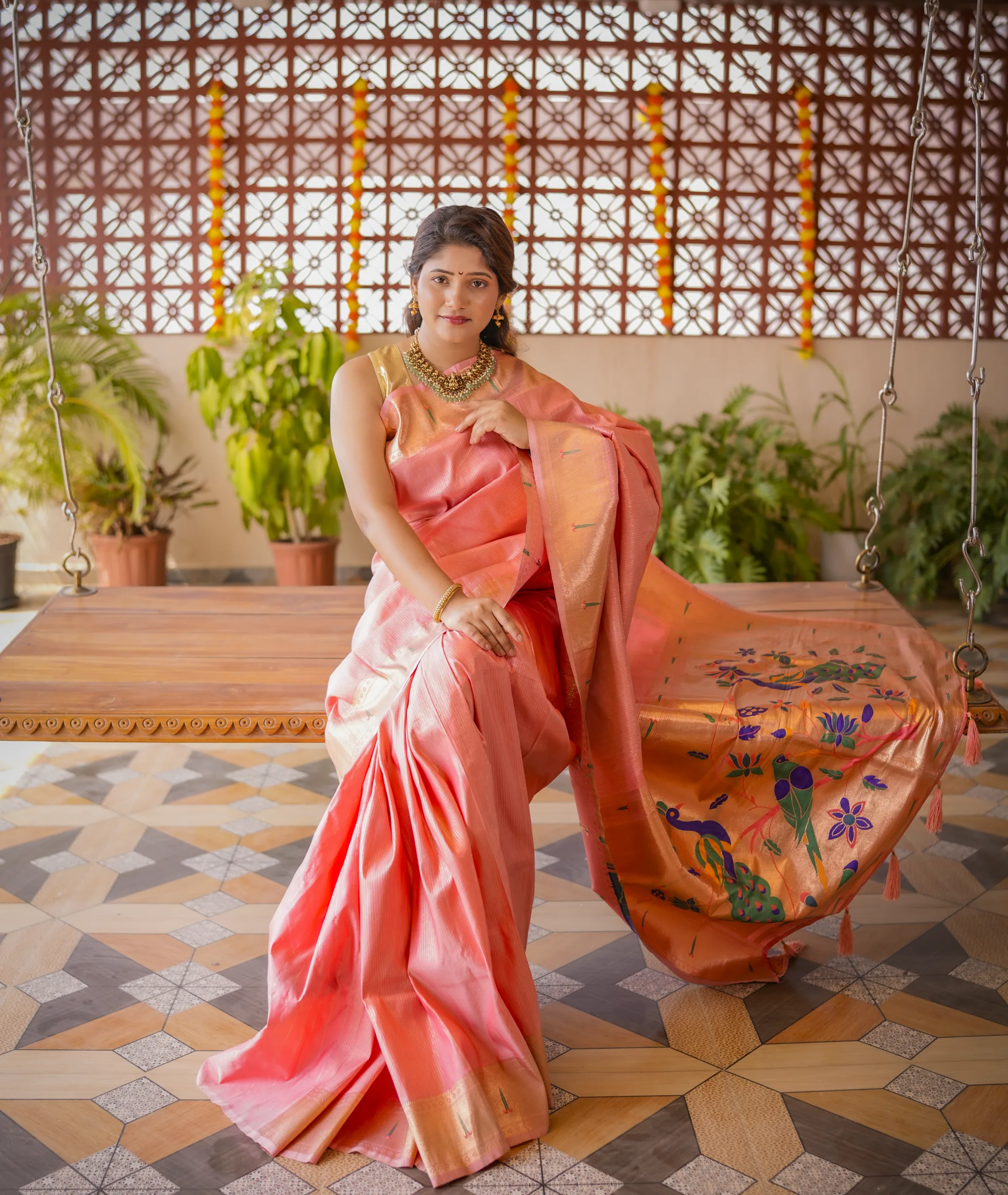 Peach Kishori Semi Paithani Saree