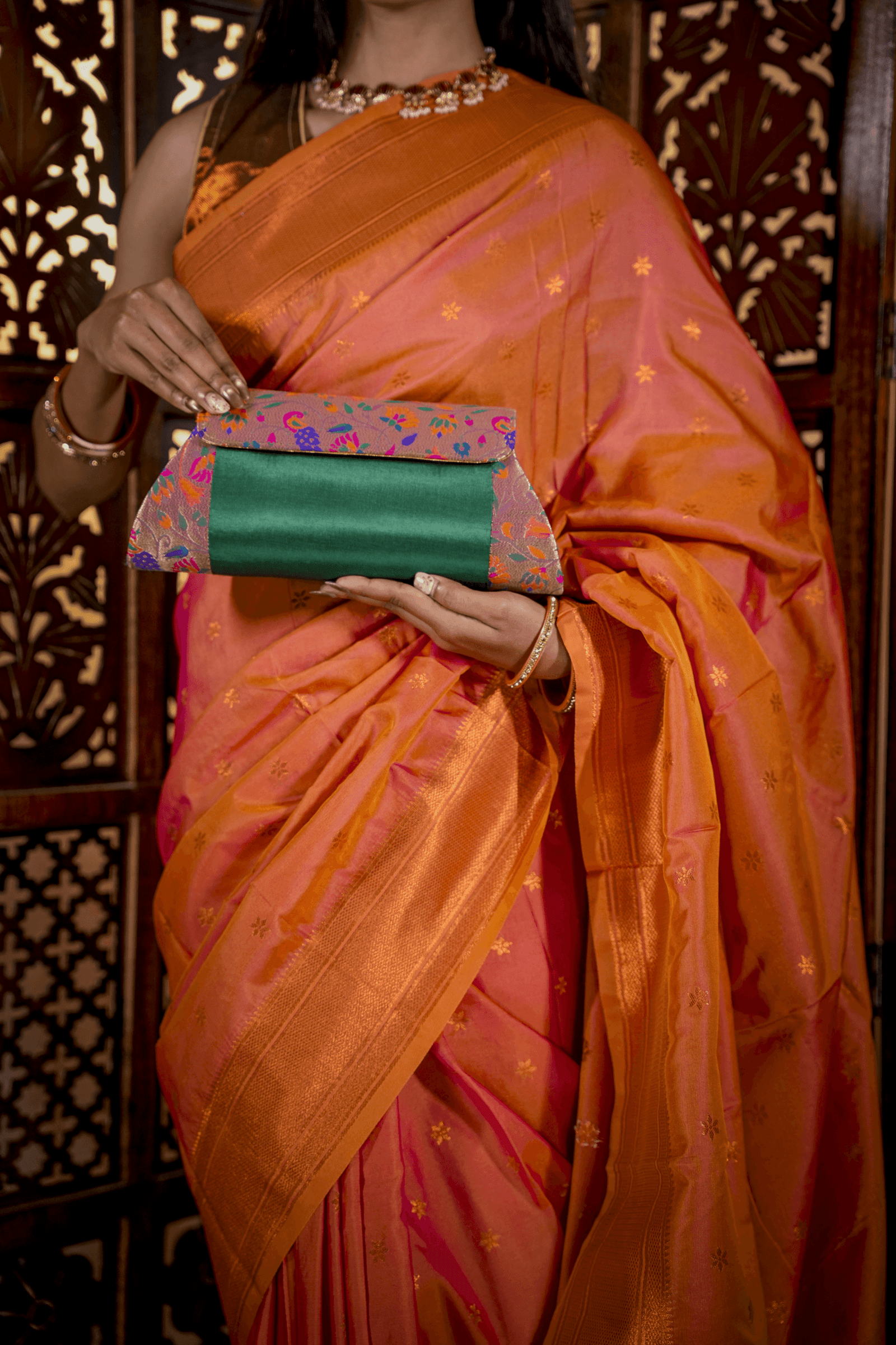 Green Handmade Sling Paithani Bag - Image 3