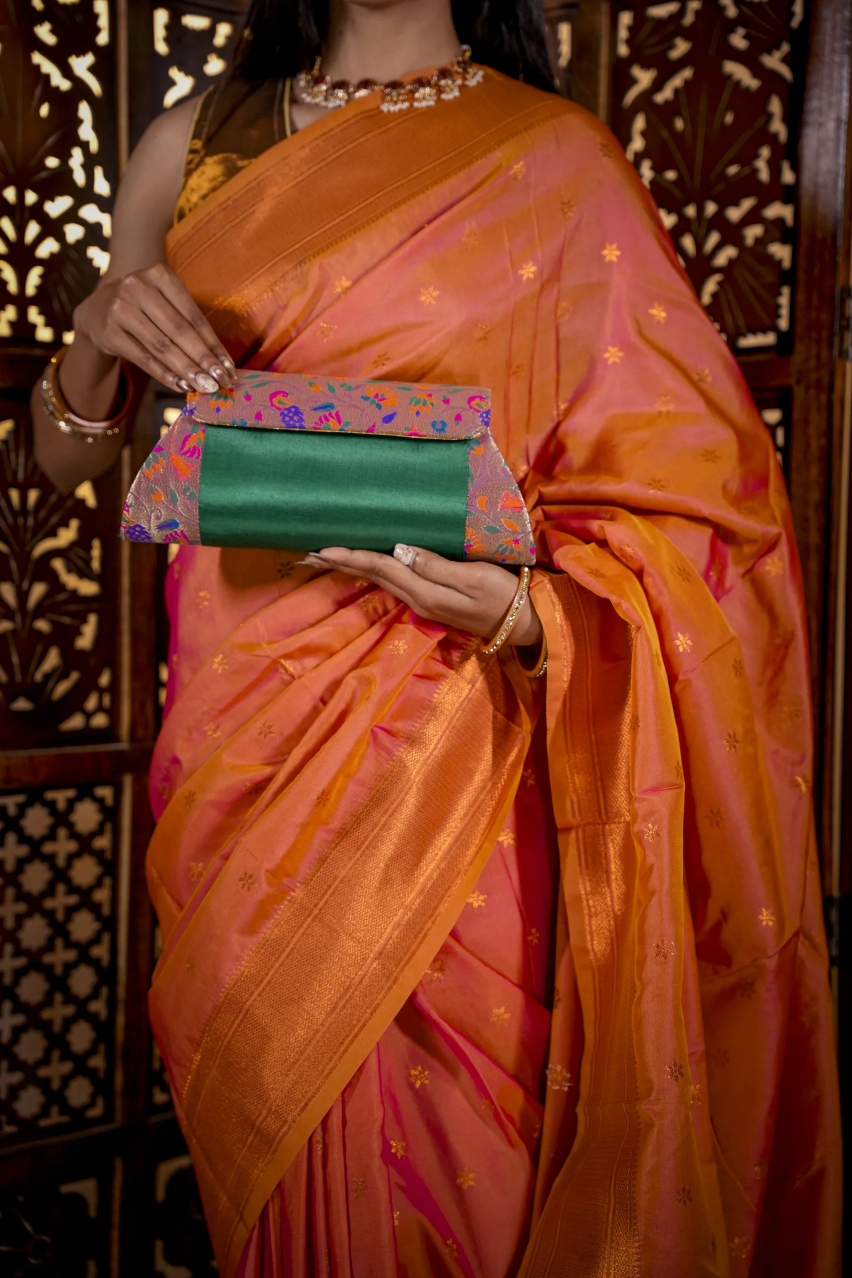 Green Handmade Sling Paithani Bag - Image 3