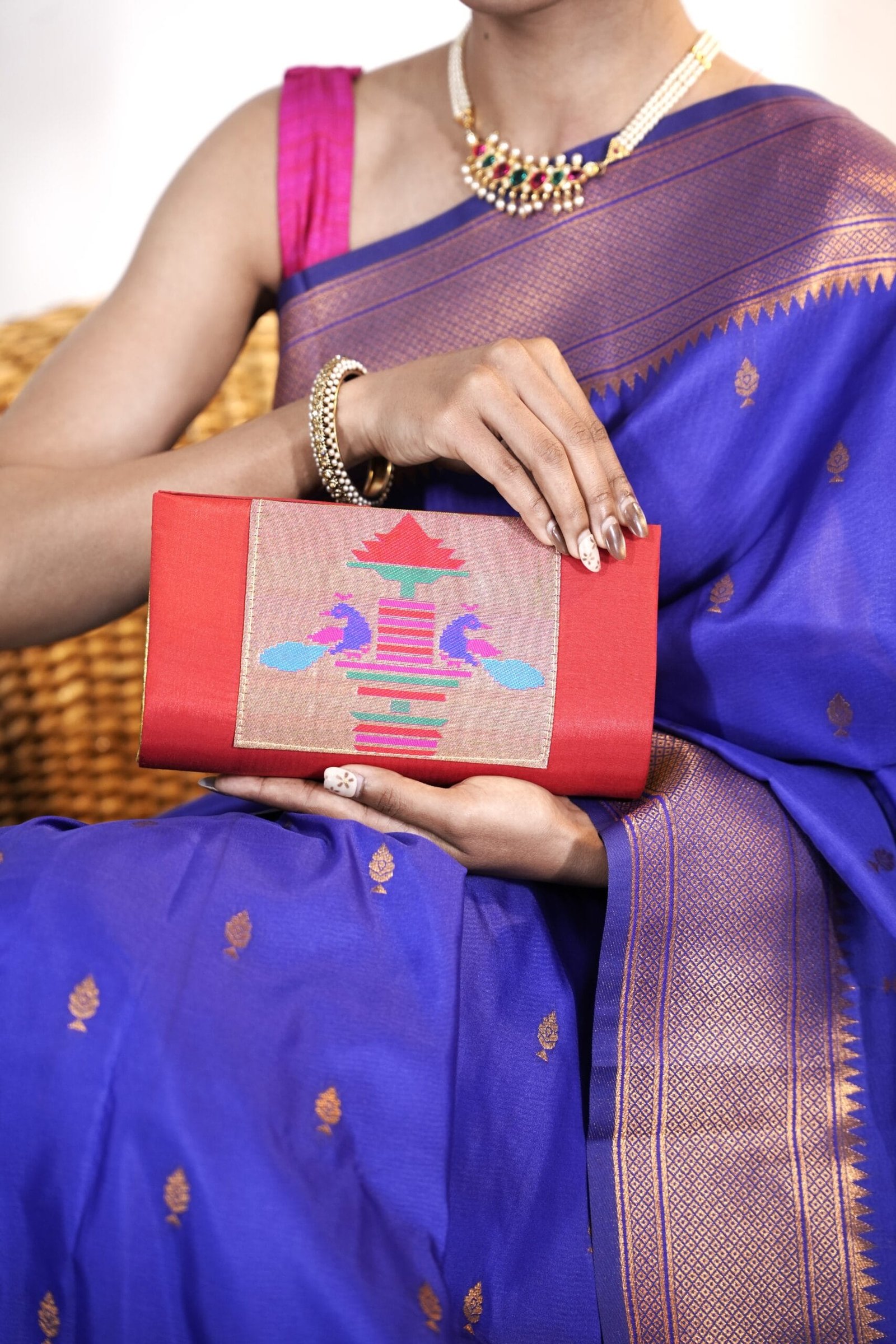 Handmade red Paithani purse for women