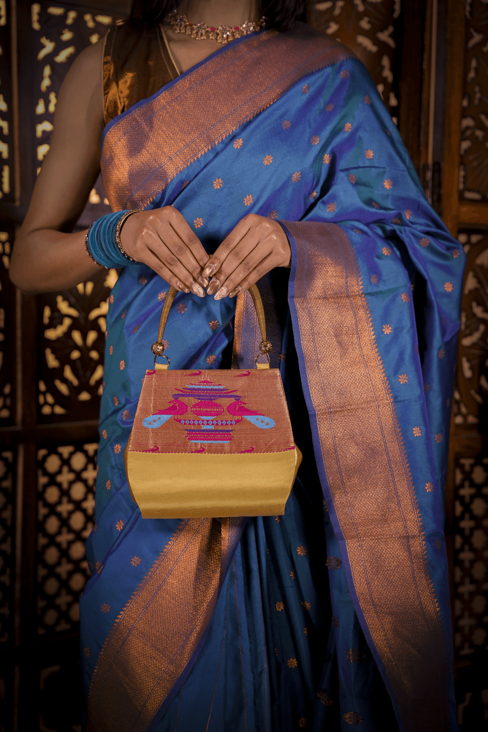 Traditional Golden Yeola Paithani Purse