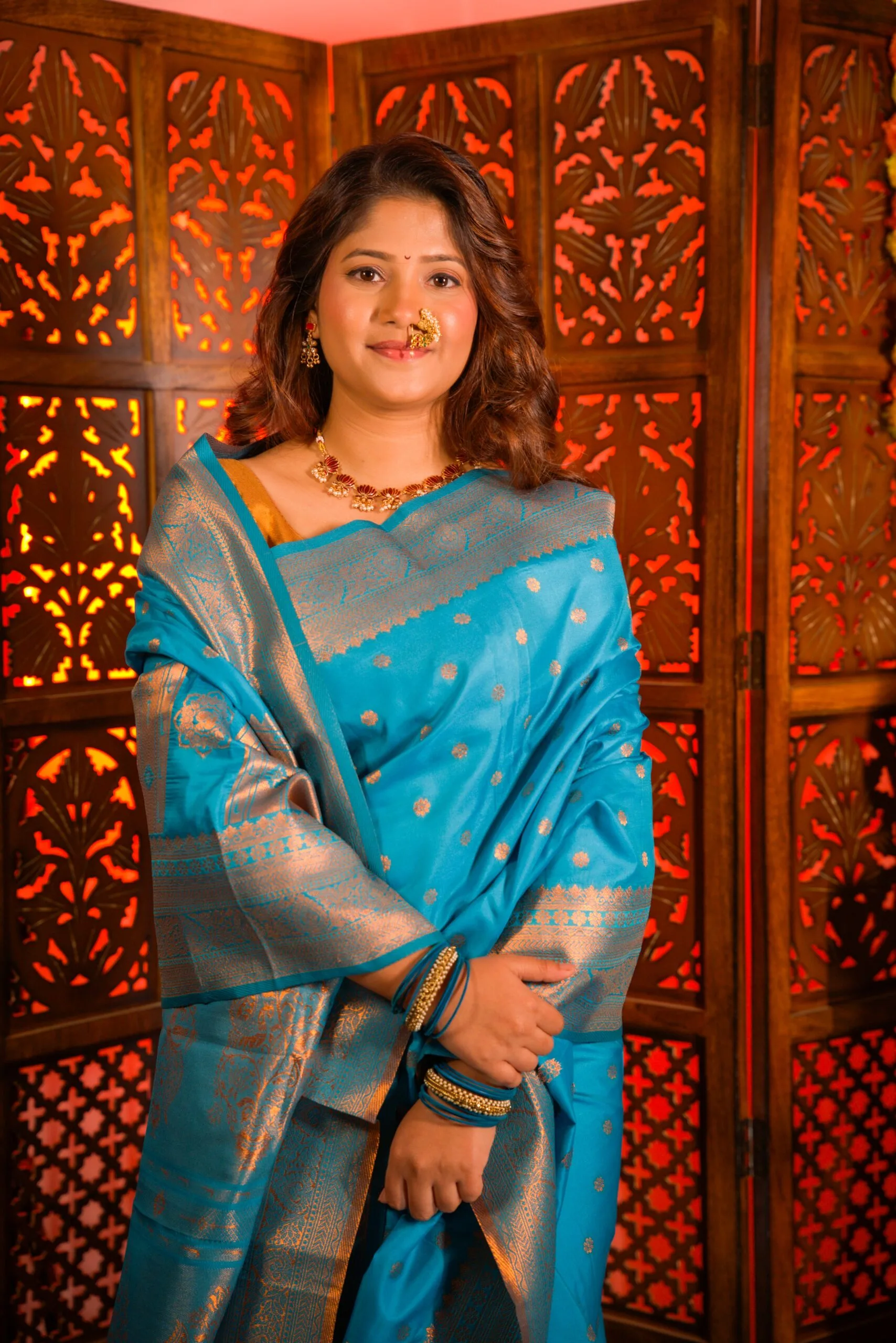 Yeola Sky Blue Semi Paithani