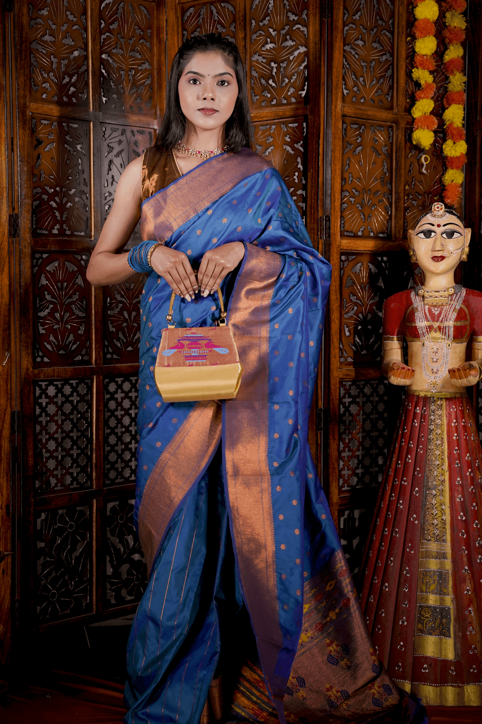 Handcrafted Golden Yeola Paithani Purse