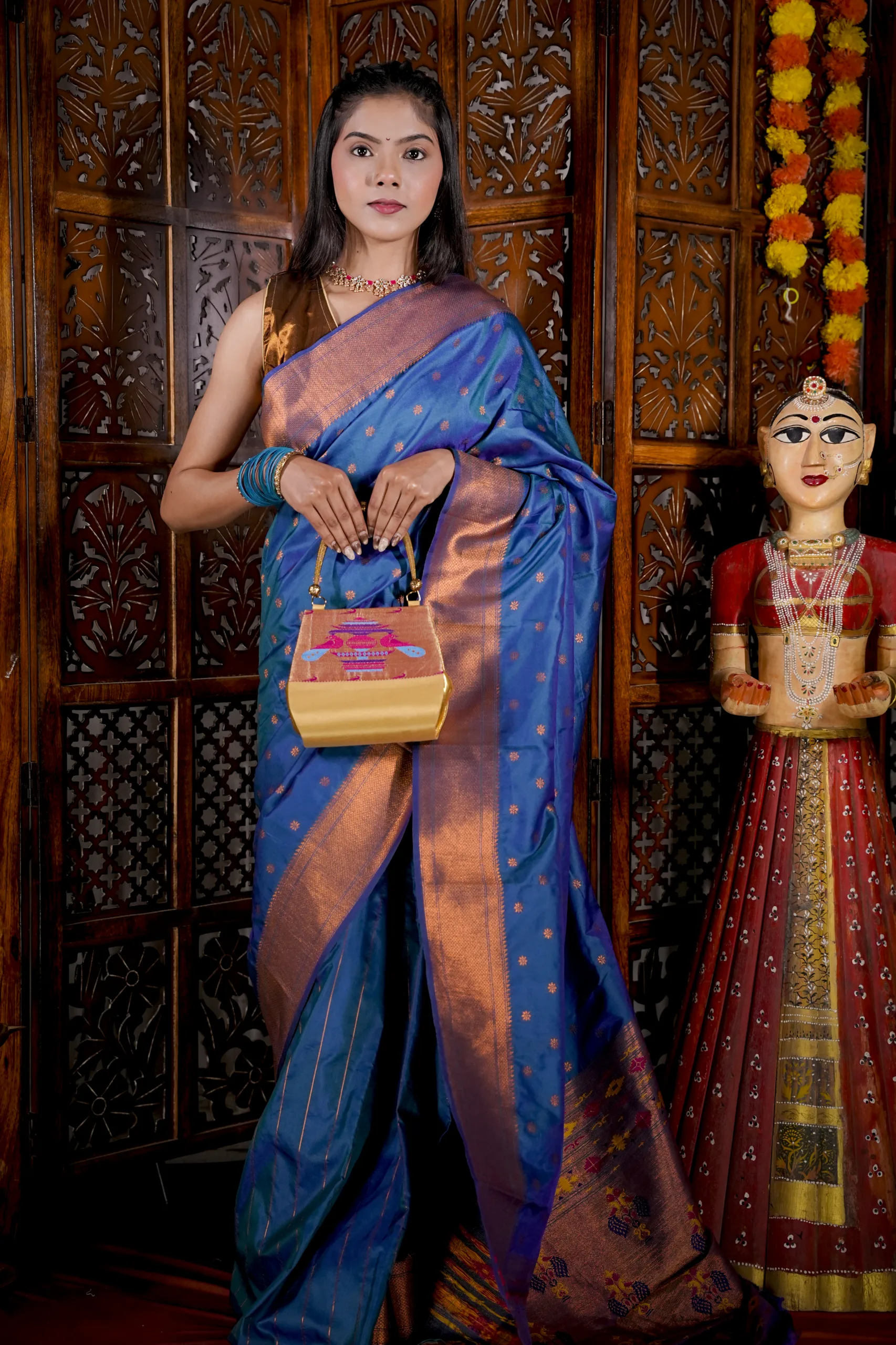 Handcrafted Golden Yeola Paithani Purse