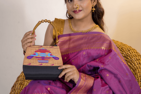 Black Handmade Paithani Yeola Handbag Purse