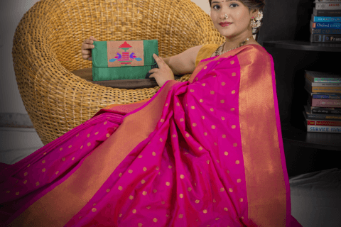 Green handmade sling Paithani purse