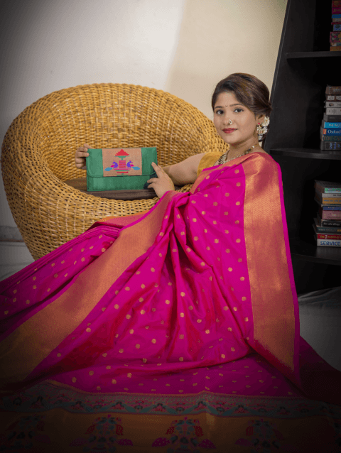 Green handmade sling Paithani purse