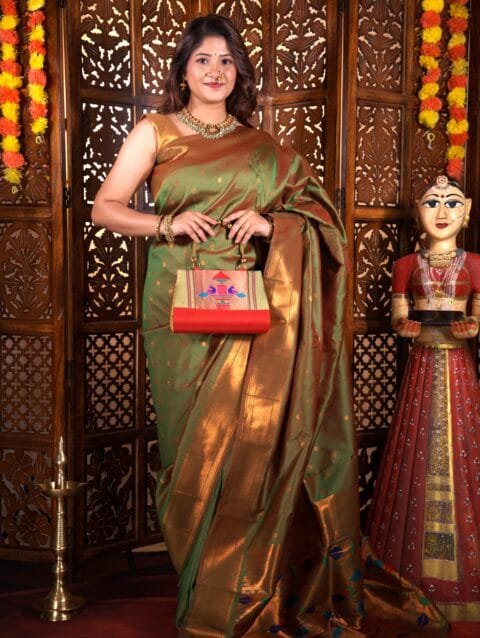Red handmade handbag Paithani purse