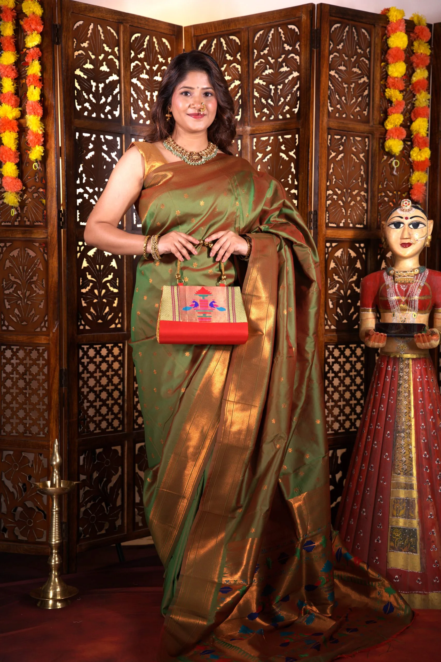 Red handmade handbag Paithani purse