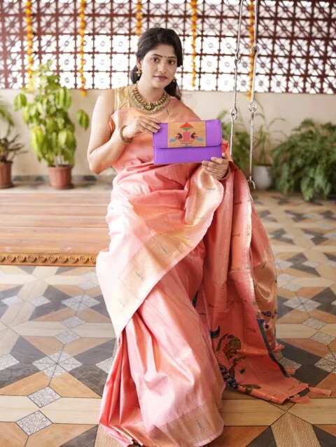 Purple handmade sling dual Paithani purse