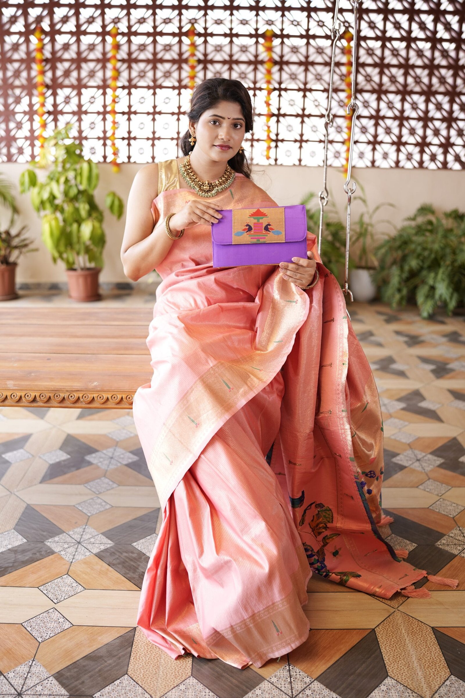 Purple handmade sling dual Paithani purse