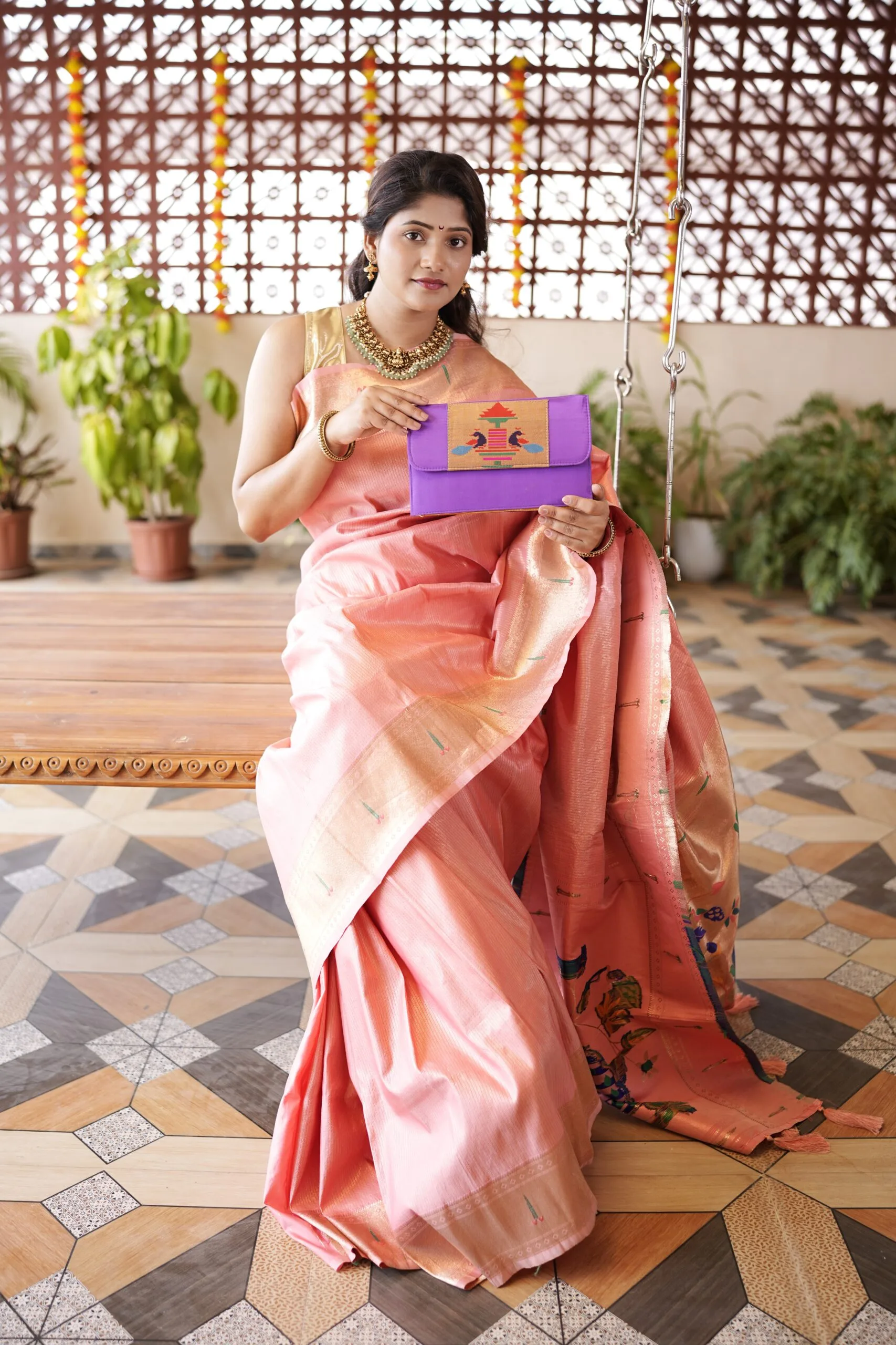 Purple handmade sling dual Paithani purse