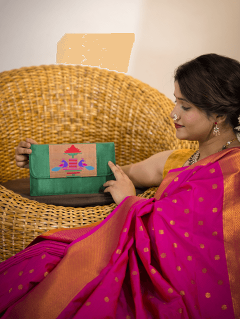 Handmade Green Paithani sling bag with traditional design