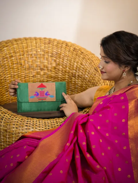 Handmade Green Paithani sling bag with traditional design