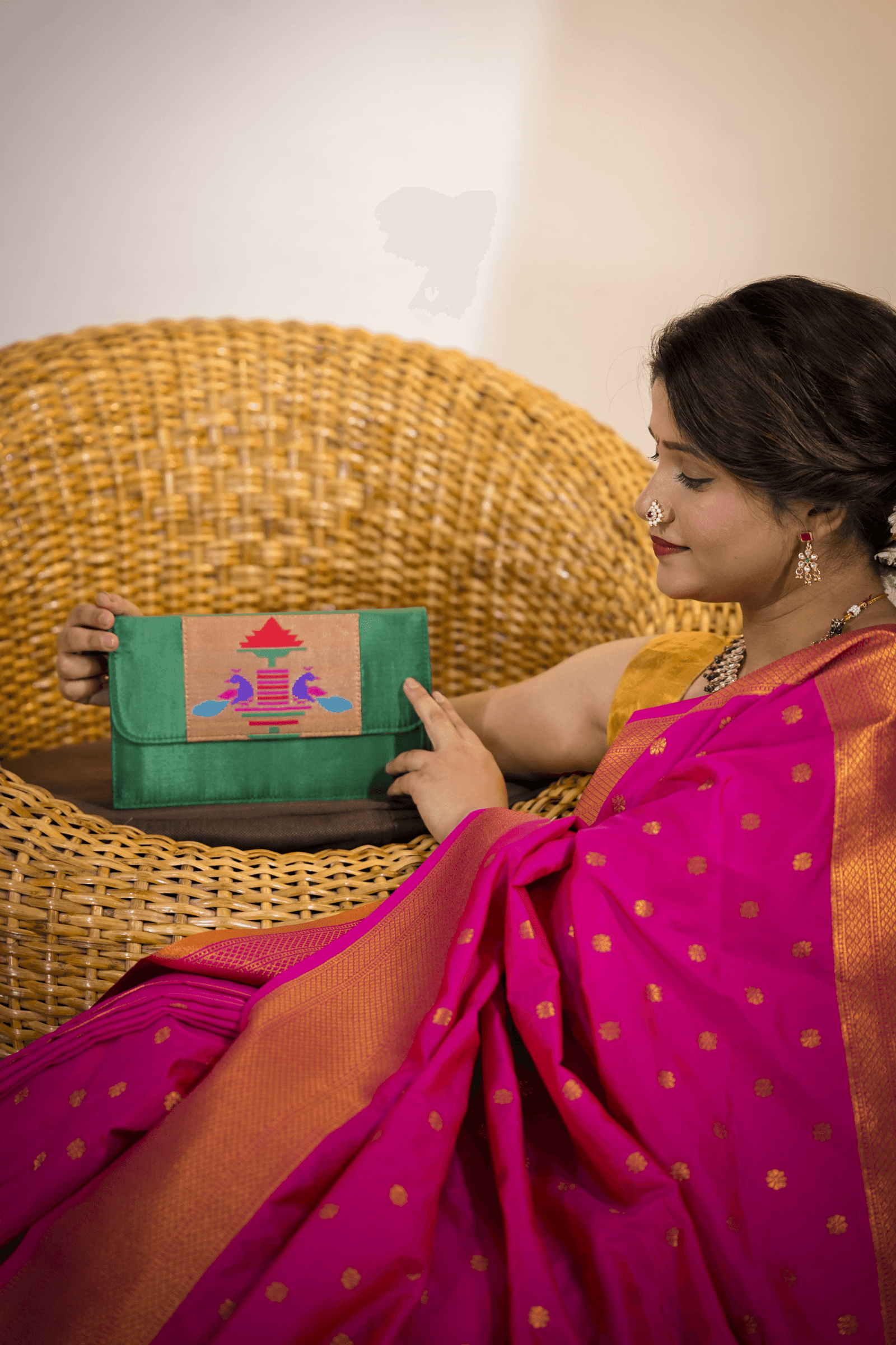 Handmade Green Paithani sling bag with traditional design
