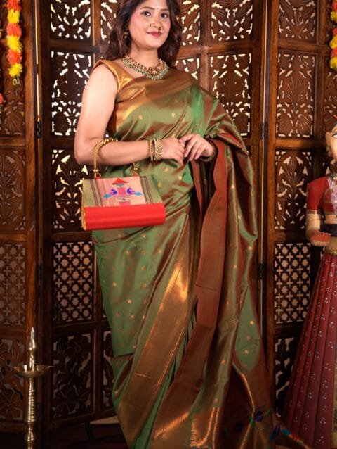 Handmade red Paithani purse by Pratishthani
