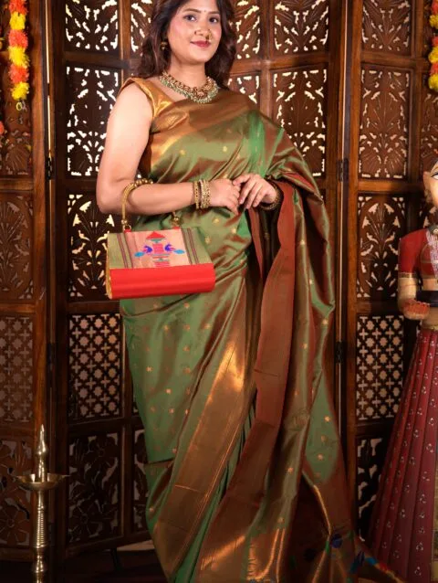 Handmade red Paithani purse by Pratishthani