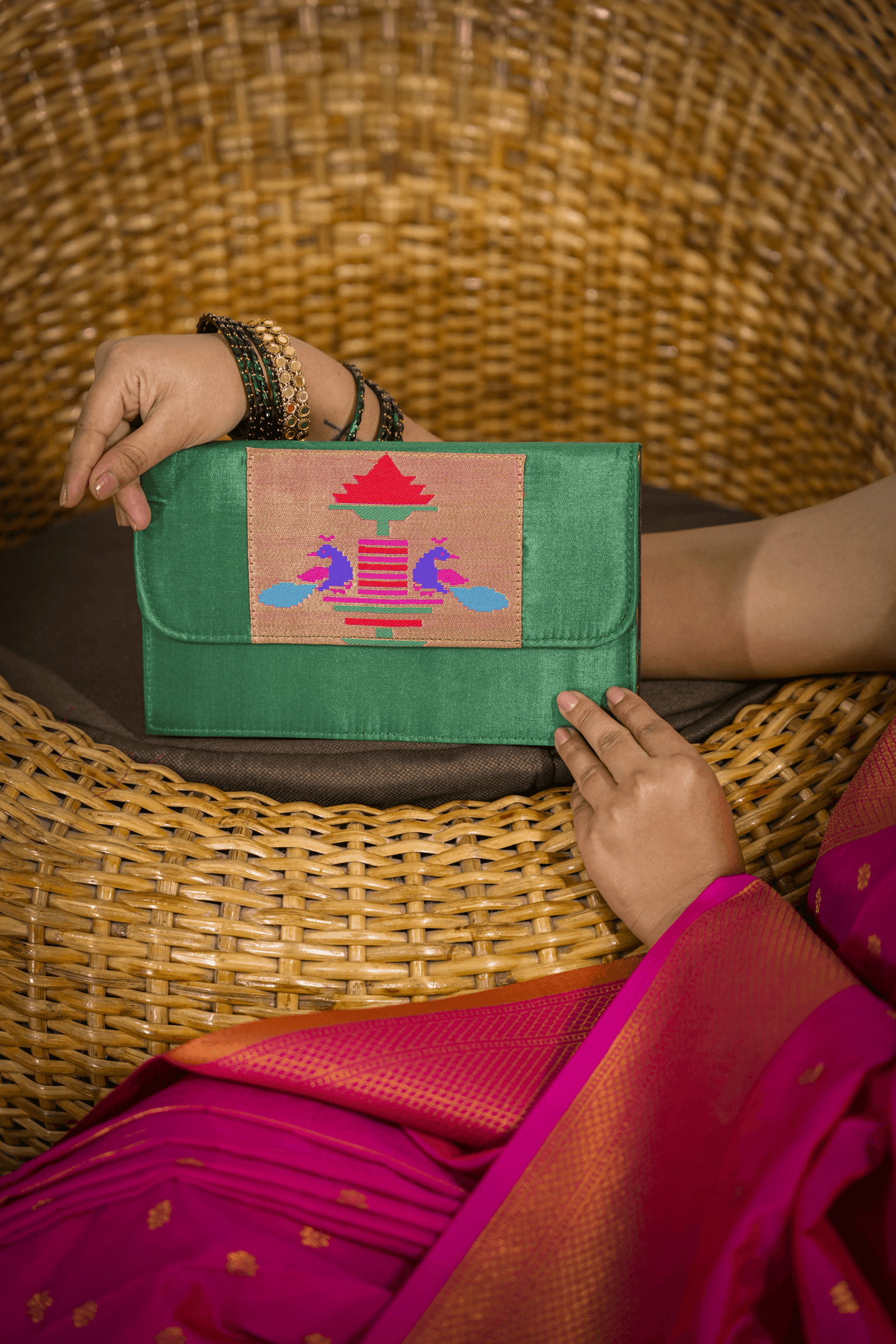 Green dual Paithani purse for women