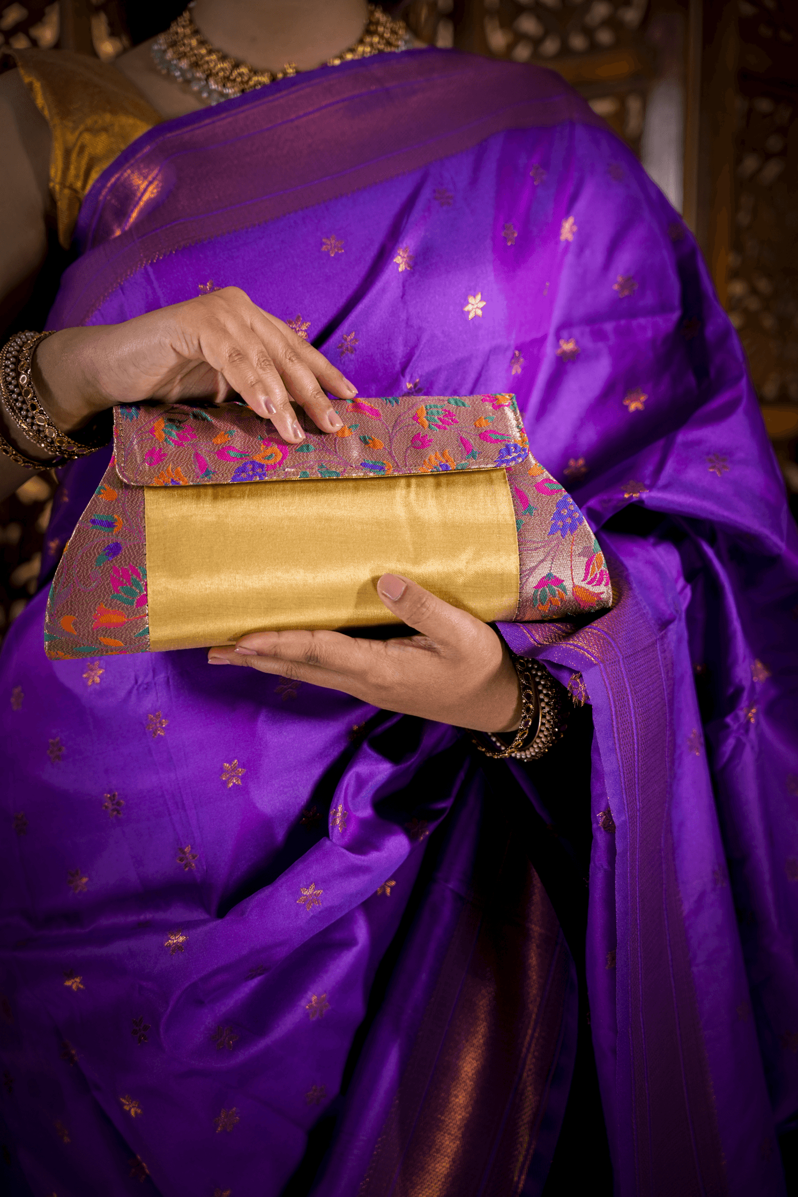 Traditional Golden Yeola Paithani Sling Purse