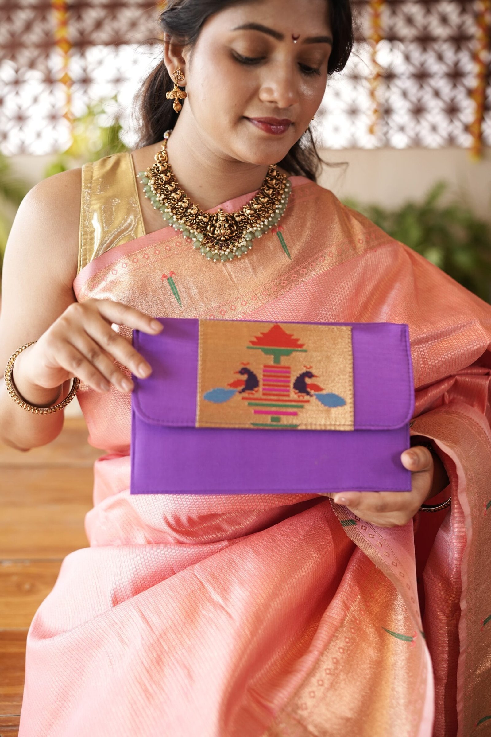 Purple dual Paithani purse for women