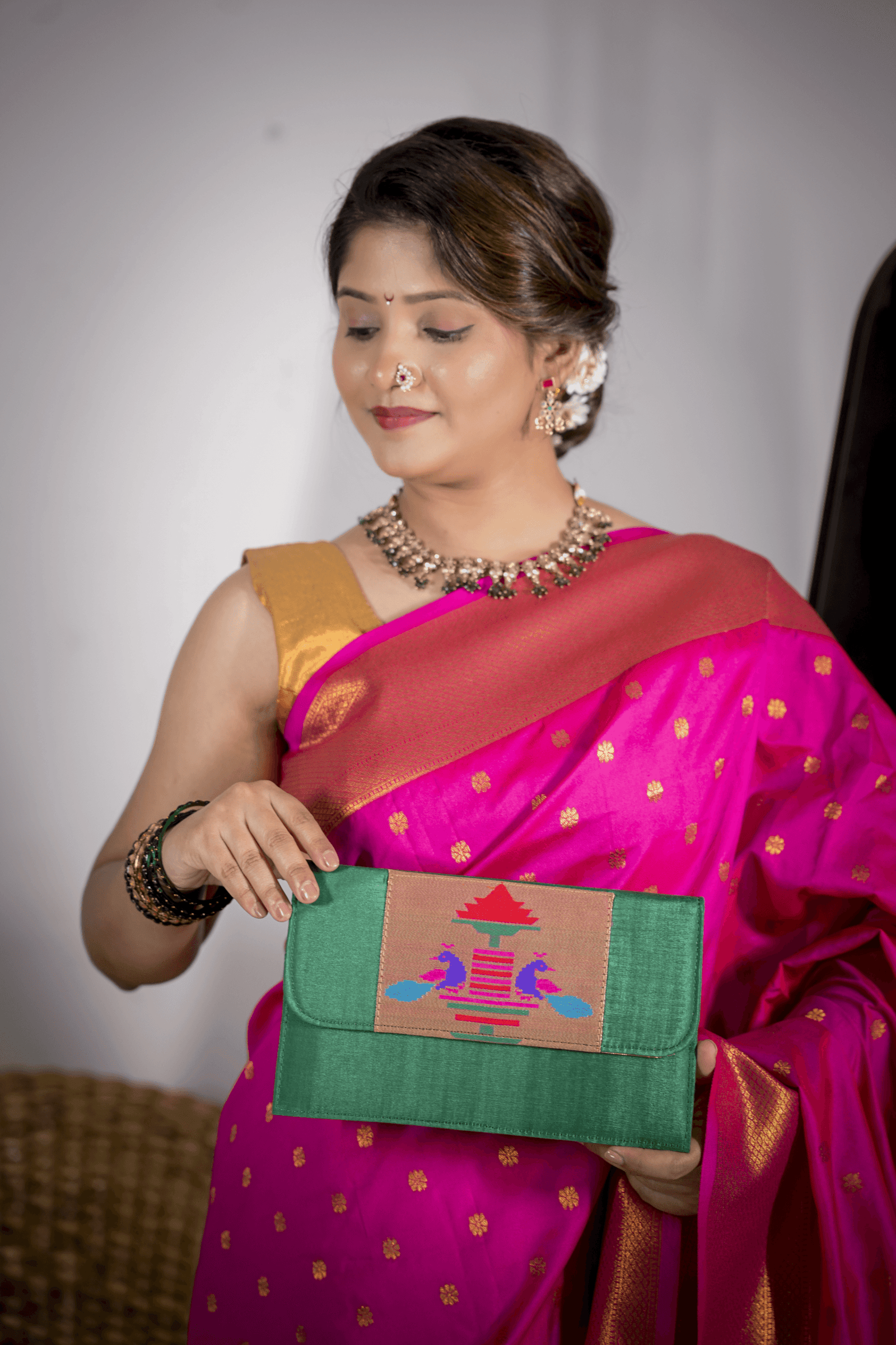 Traditional Green Paithani handmade sling purse