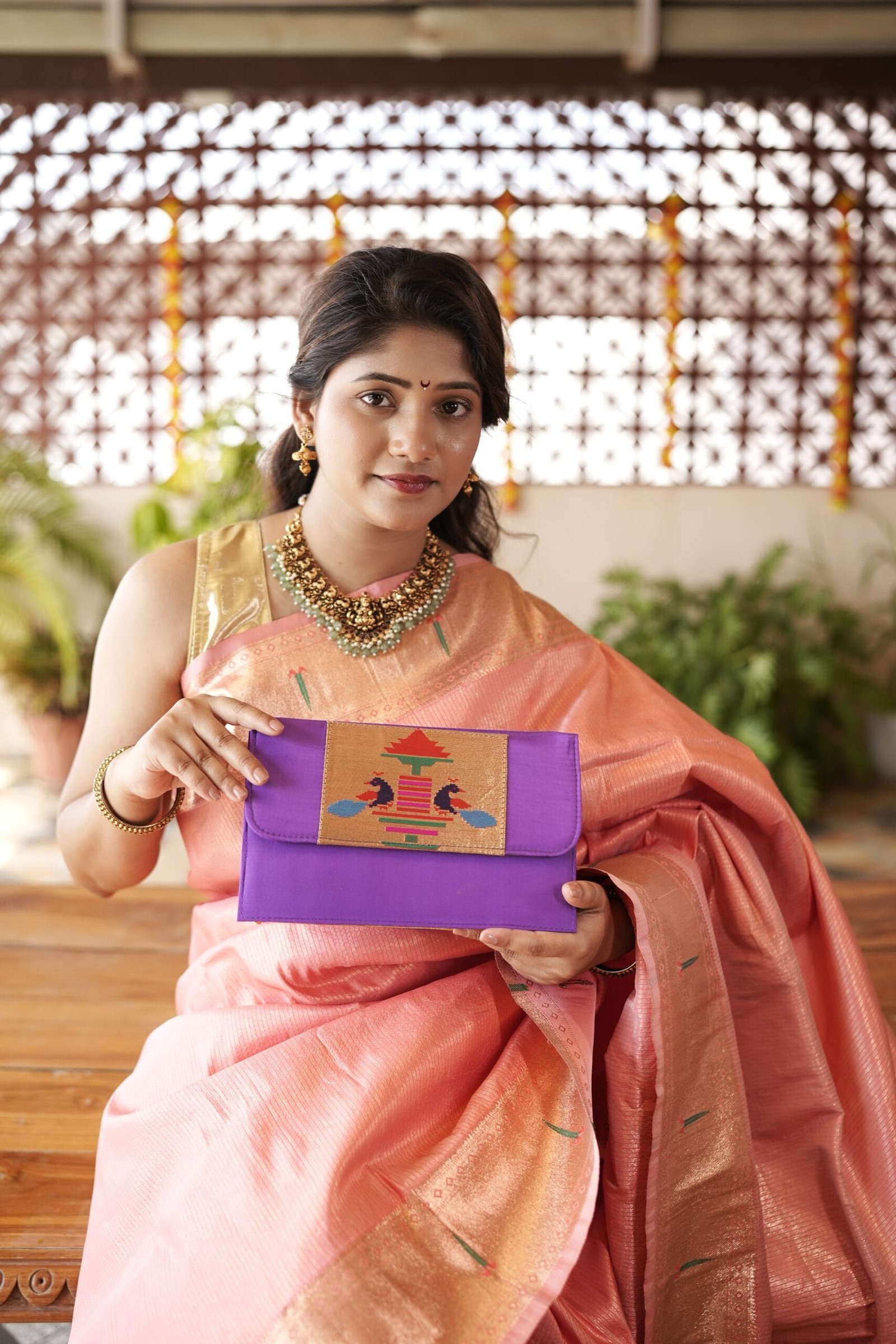 Traditional purple Paithani handmade sling purse