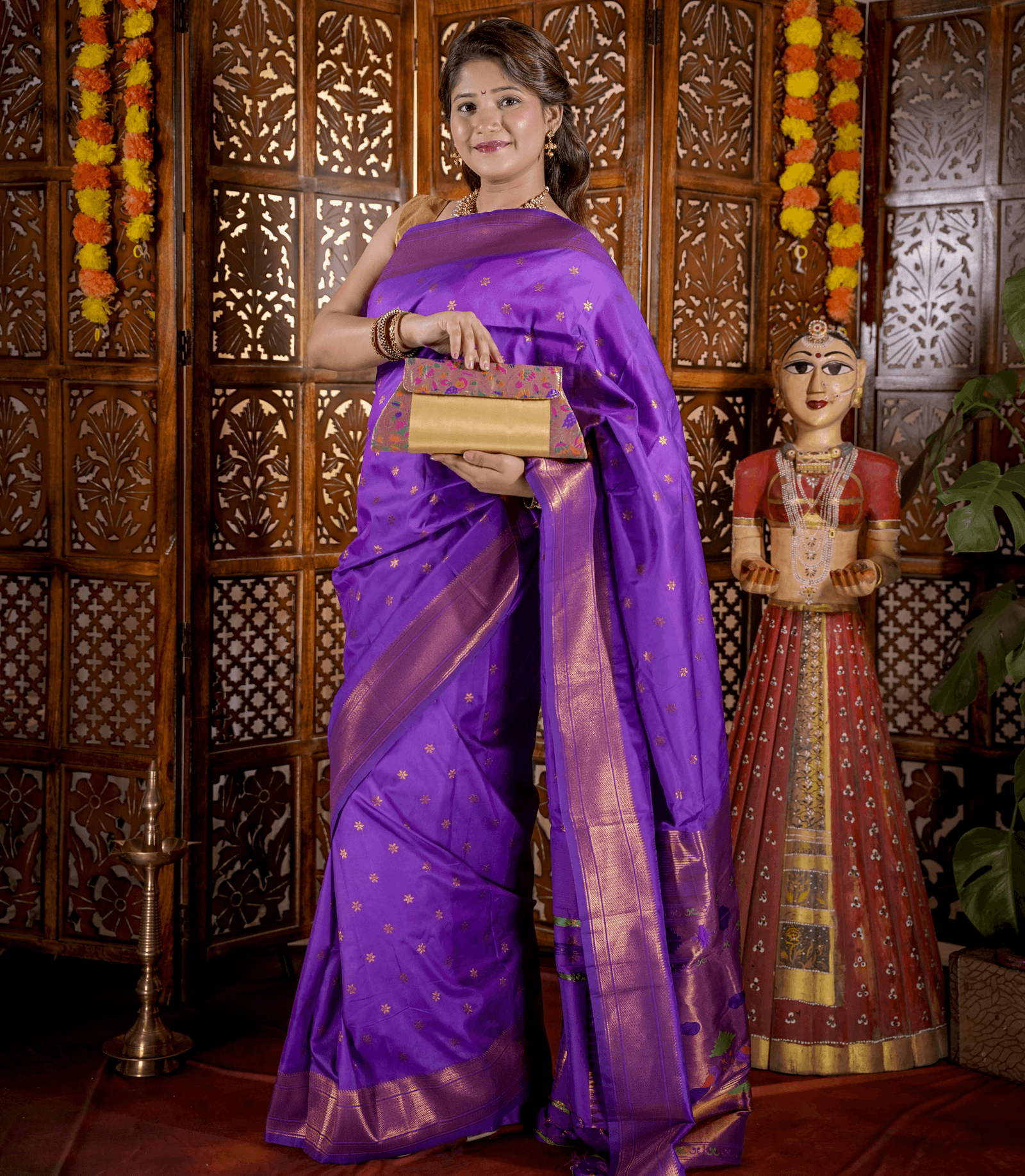 Women's Golden Handmade Yeola Paithani Bag