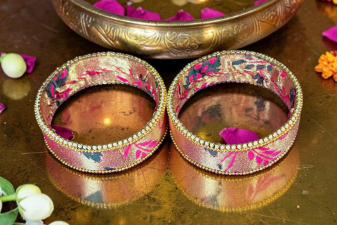 Paithani Fabric Bangles with Pearl and Golden Bead Work