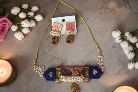 Blue Paithani Necklace Set with Pearl Detailing and Earrings